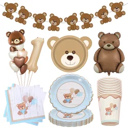 Vaisselle Jetable Ours en Peluche Brun, Assiettes Minérales, Gobelets pour Enfants, Décoration de ixd'Anniversaire, PréChristophe