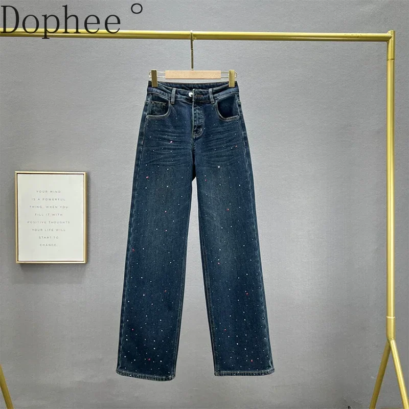 Thicken Velvet Wide Leg Denim Trousers Women New Autumn Winter Full Diamond Hot Drilling Straight Jeans Casual Loose Denim Pants