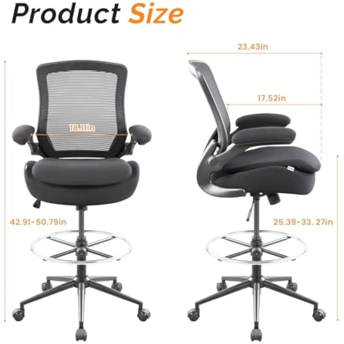 Tall Ergonomic Drafting Stool with S-Curve Back Support Mesh Ventilation Dual-Layer Foam Seat Adjustable Gas Lift 4-Level Height