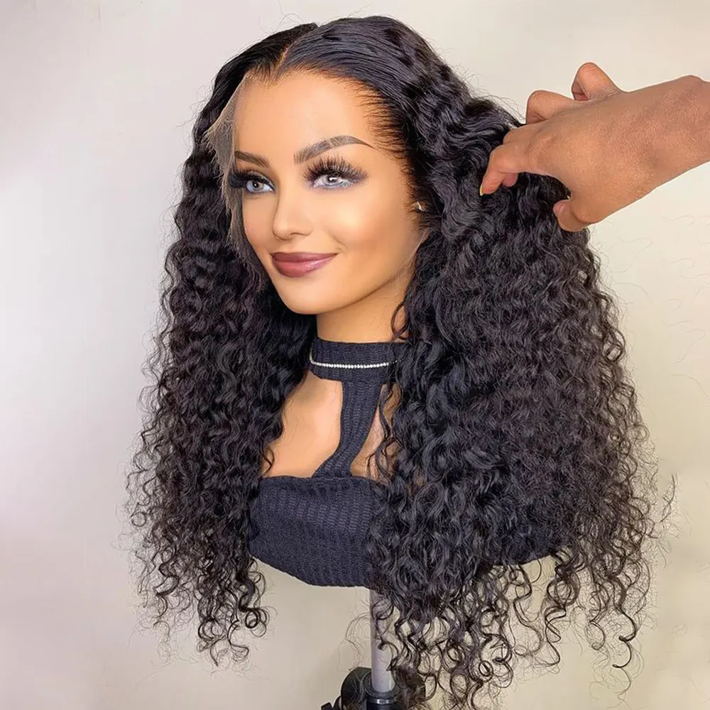 Natural Black Glueless Long Kinky Curly 180Density 26inch Deep Lace Front Wig For Women With Baby Hair Preplucked Daily