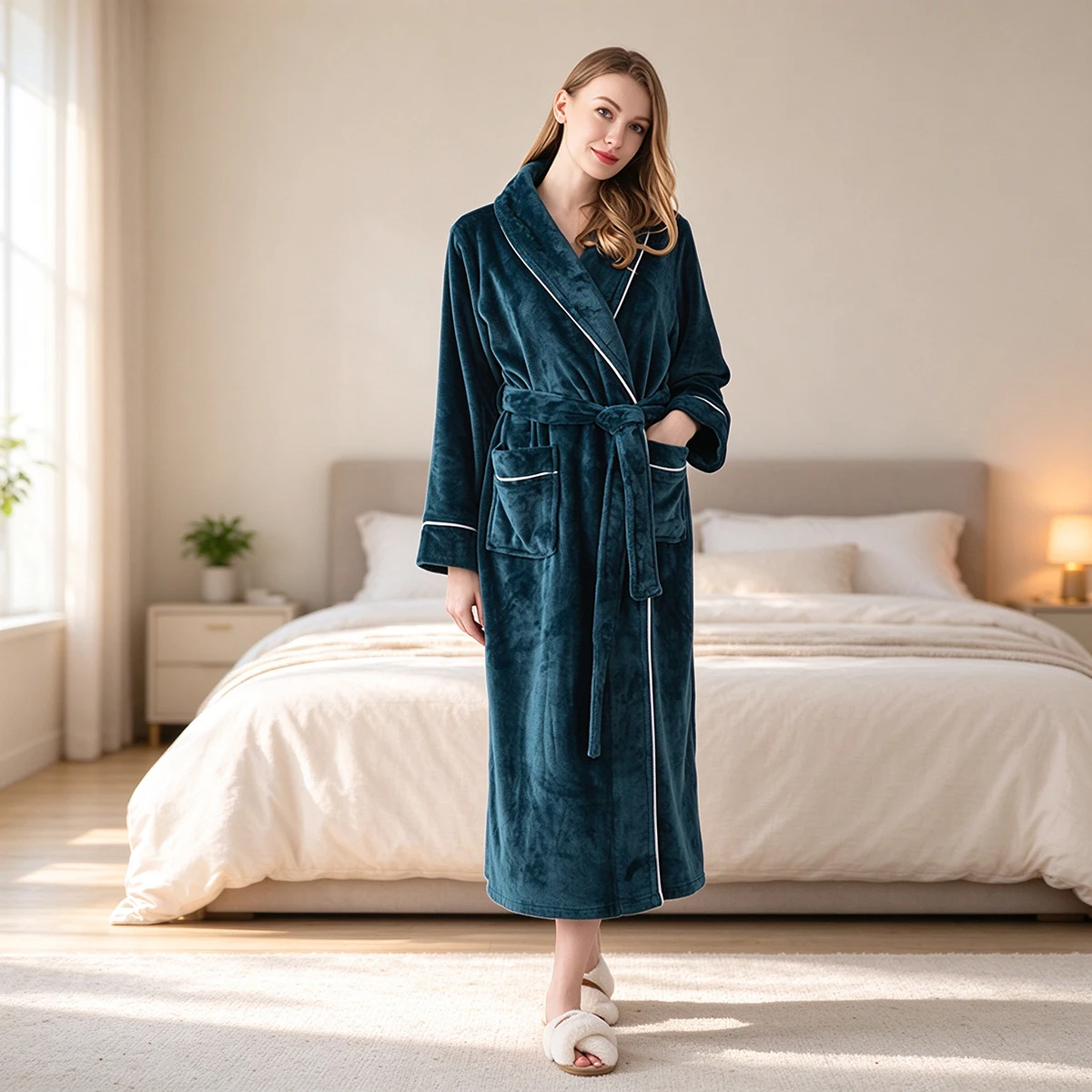 Paar-Bademantel für Damen und Herren, Flanell-Fleece-Morgenmantel, dicker, warmer Plüschmantel mit Schalkragen und Gürtel, Winter-Schlafanzug, Loungewear – Detail 10