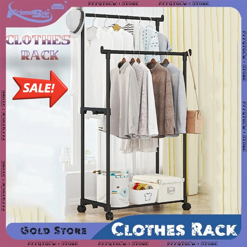 

Movable Clothes Rack with Wheels Multifunctional Floor Standing Double-Rod Storage Shelves Bedroom Clothes Hats Organizer Shelf