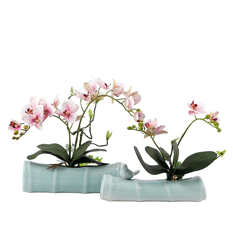 New Chinese Style White Orchid Green Ceramic Bamboo Vase Table Corner Several Model Room Tea Room Porch Decoration