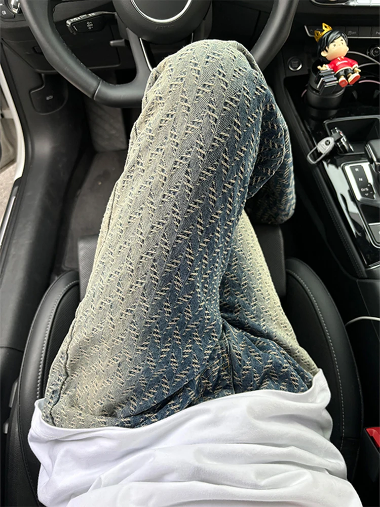 

Retro American Gradient Weave Embroidery Jeans Men's Trendy High Street Design Loose Straight Leg Jeans Youth Style