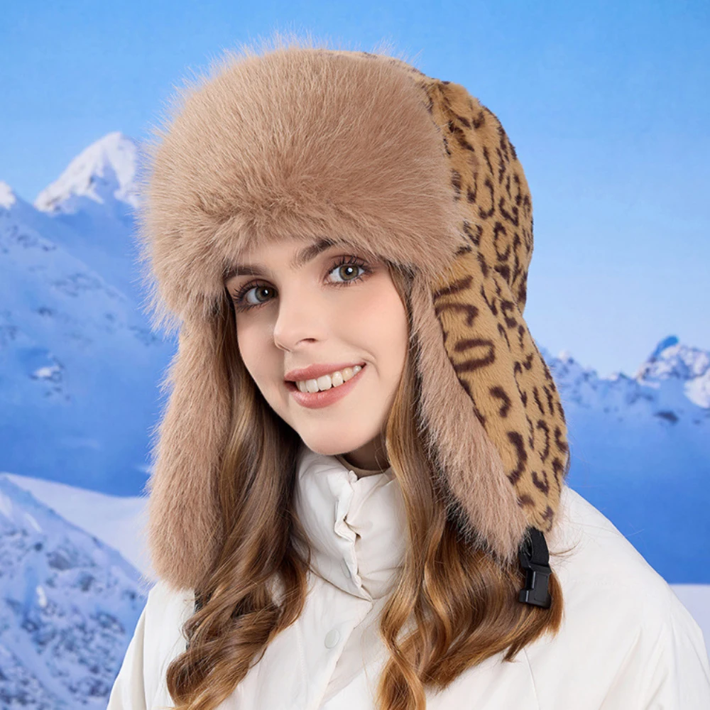 

HT4508 Bomber Hat New Thick Warm Winter Hat for Women Leopard Russian Fur Hat Ladies Snow Ski Trapper Earflap Cap Female Ushanka