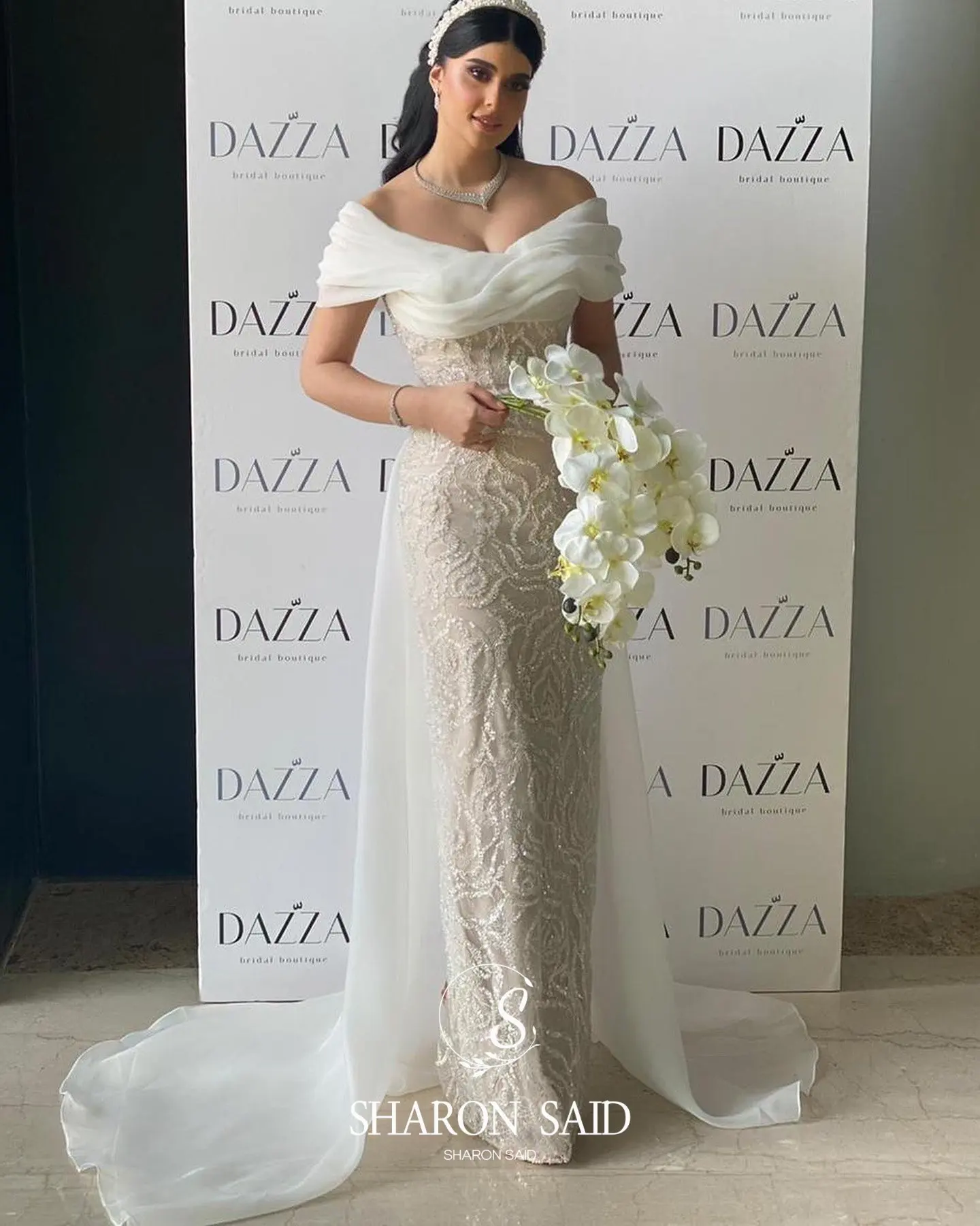 Sharon Said witte off-shoulder avondjurk met kralen overrok beige voor vrouw bruiloft Arabische galajurk SF168 op maat