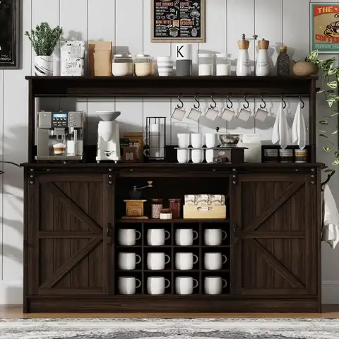 55 Oak Coffee Bar Cabinet with Sliding Door, 12-Bottle Wine Rack & 8 Hooks for Living/Dining Area