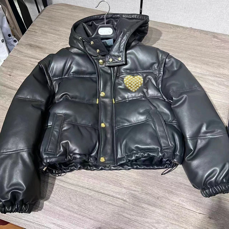 Jaqueta de couro genuíno para mulheres, mangas destacáveis, 90 pato para baixo, quente grosso, capuz solto, casaco de pele de carneiro curto, streetwear, inverno