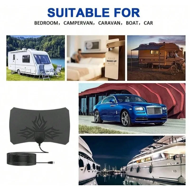 ​ ​ Antena TV HD 4K High Gain - Booster Aktif Indoor dengan Desain Datar dan Penguat Sinyal, Colokan EU ​ ​