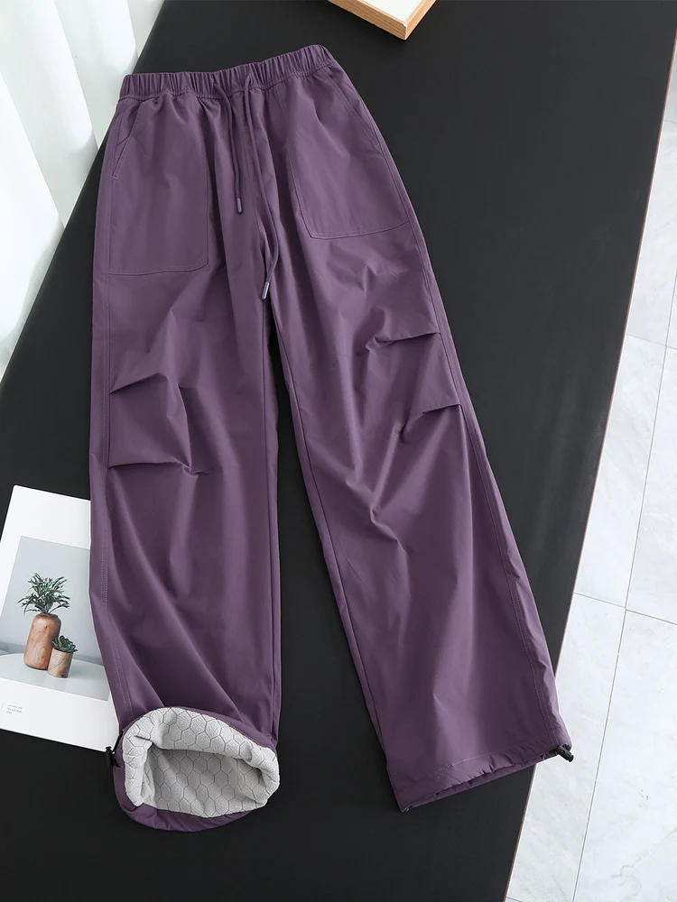 Thickened Fleece Women's Casual Pants Outdoor Three-Proof High Waist Elastic Straight Leg Pants Self-Heating Umbrella Soldier...