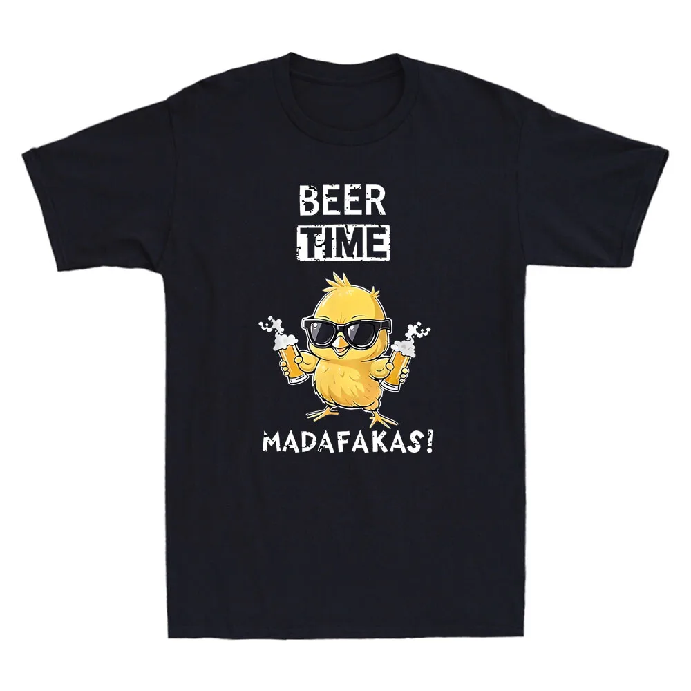 Beer Time Madafakas Funny Glasses Chicken Hold Beer Meme Quote Retro Men T-Shirt Summer Casual Soft Cotton Pattern Print Tees