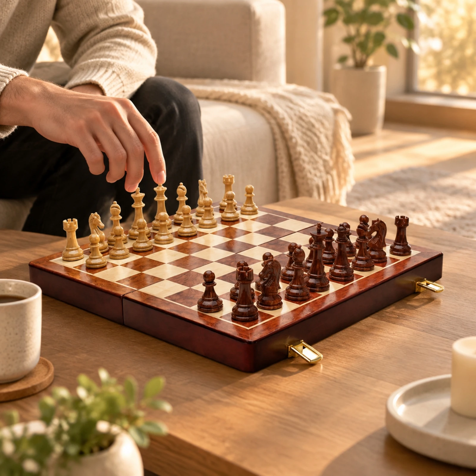 Woodgrain Chess Set with Metal Latches Portable Folding Chess Set Space-Saving Classic for Home Game Rooms, Study Areas