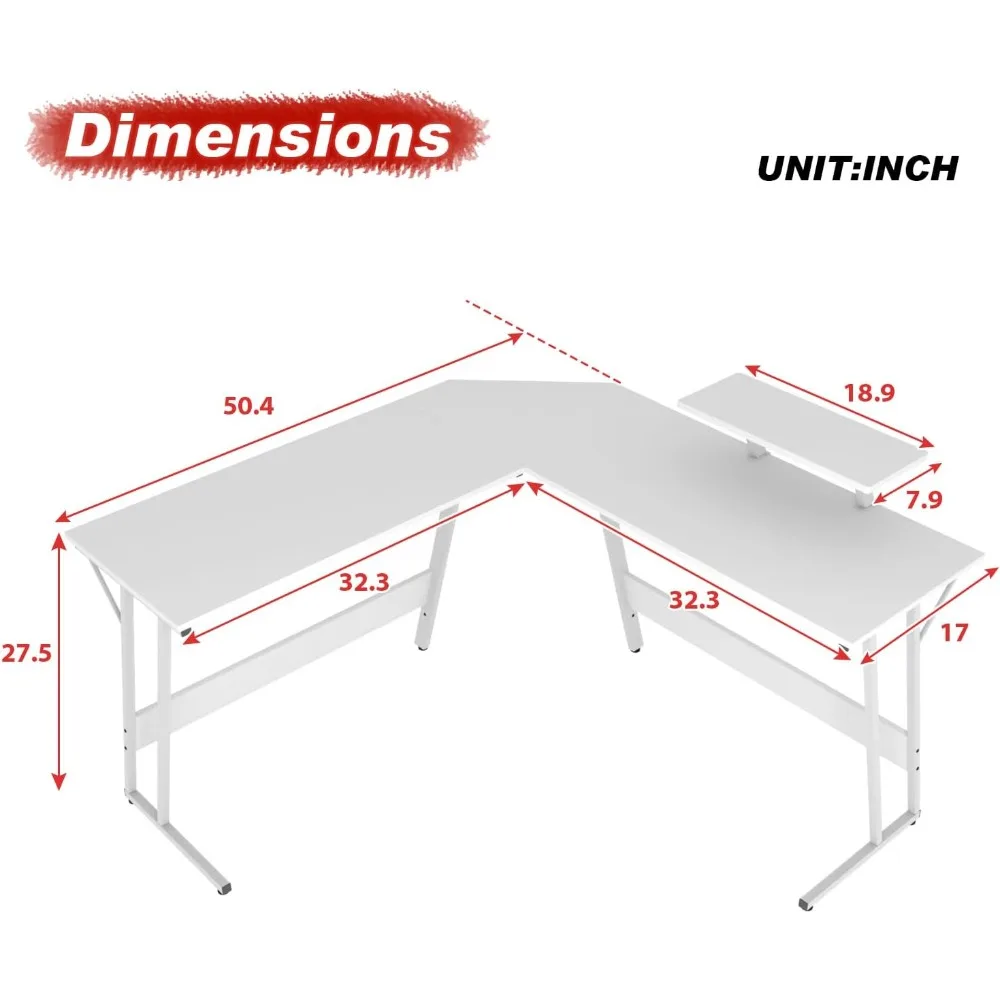 مكتب ألعاب وزاوية للكمبيوتر بتصميم واسع على شكل حرف L للاستخدام المنزلي والمكتبي
