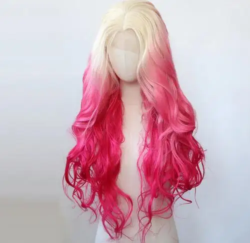 cPlatinum Blonde Ombre Pink Synthetic Lace Front Wig Long Wavy Lace Front Synthetic Wig Pre Plucked Heat Resistant Fiber Hair