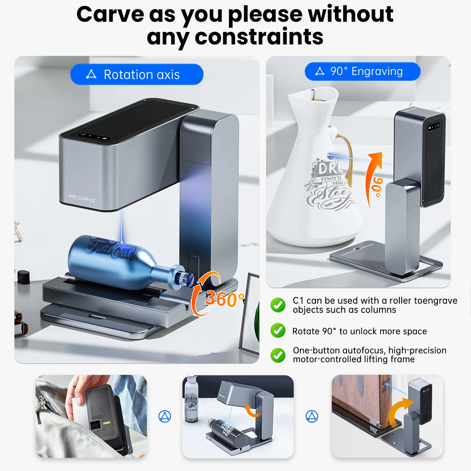 MR.CARVE C1 Lasergraveerder Draagbare lasergraveermachine voor mobiele APP Windows Mac Graveren bladeren hout Kunststof Geschilderd metaal
