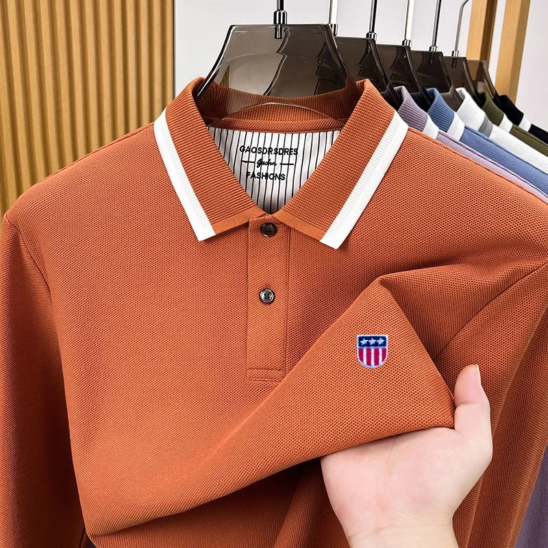 Men's Long Sleeve Polo Shirt 100% Cotton Business Casual Collar Contrast Trim Embroidered Shield Logo Breathable Top for Office