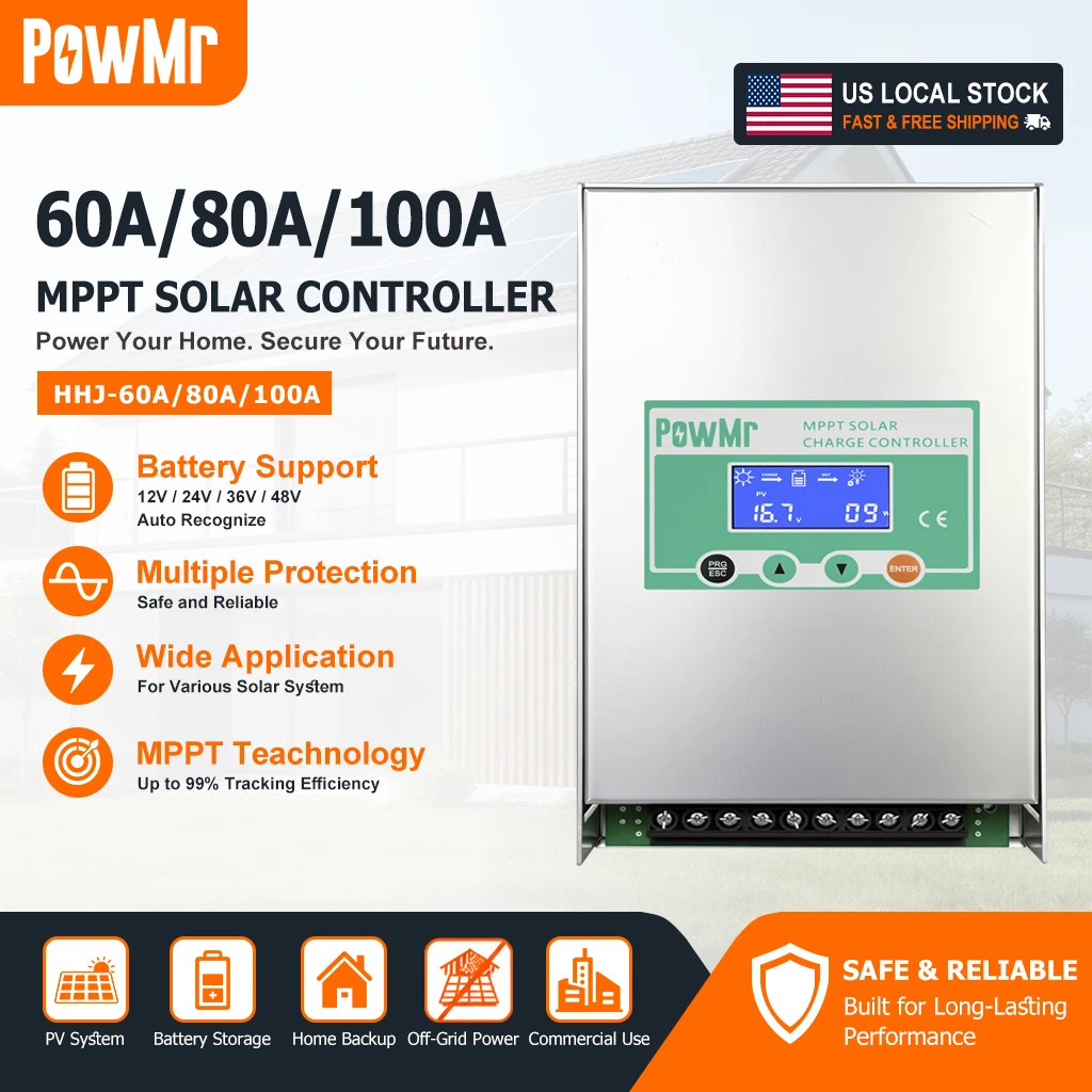 PowMr MPPT Solar Charge Controller 60A 80A 100A 12V 24V 36V 48V Auto LiFePO4 Lithium Lead Acid for RV Home Off Grid US Stock