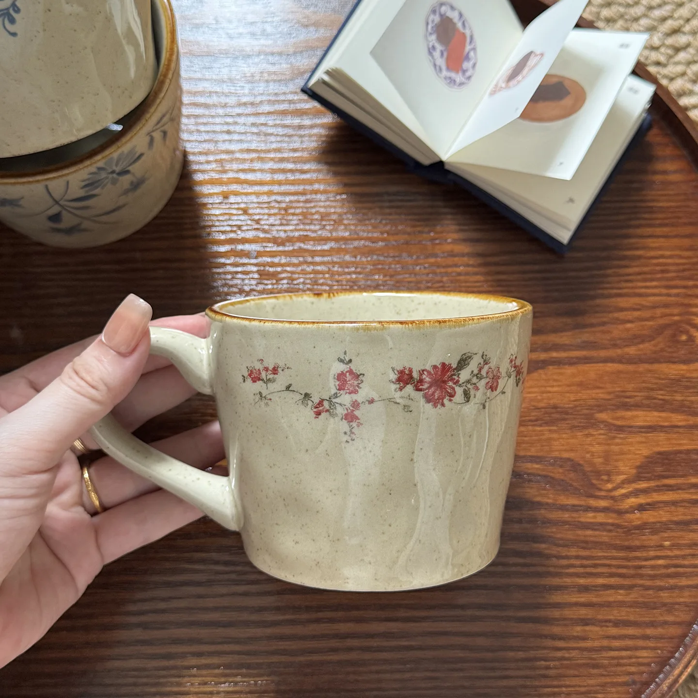 Ceramic Hand-Painted Flower Mug Home American Retro Sesame Glaze 350ml Coffee Milk Water Cups Heat-resistant Tea Cup Porcelain
