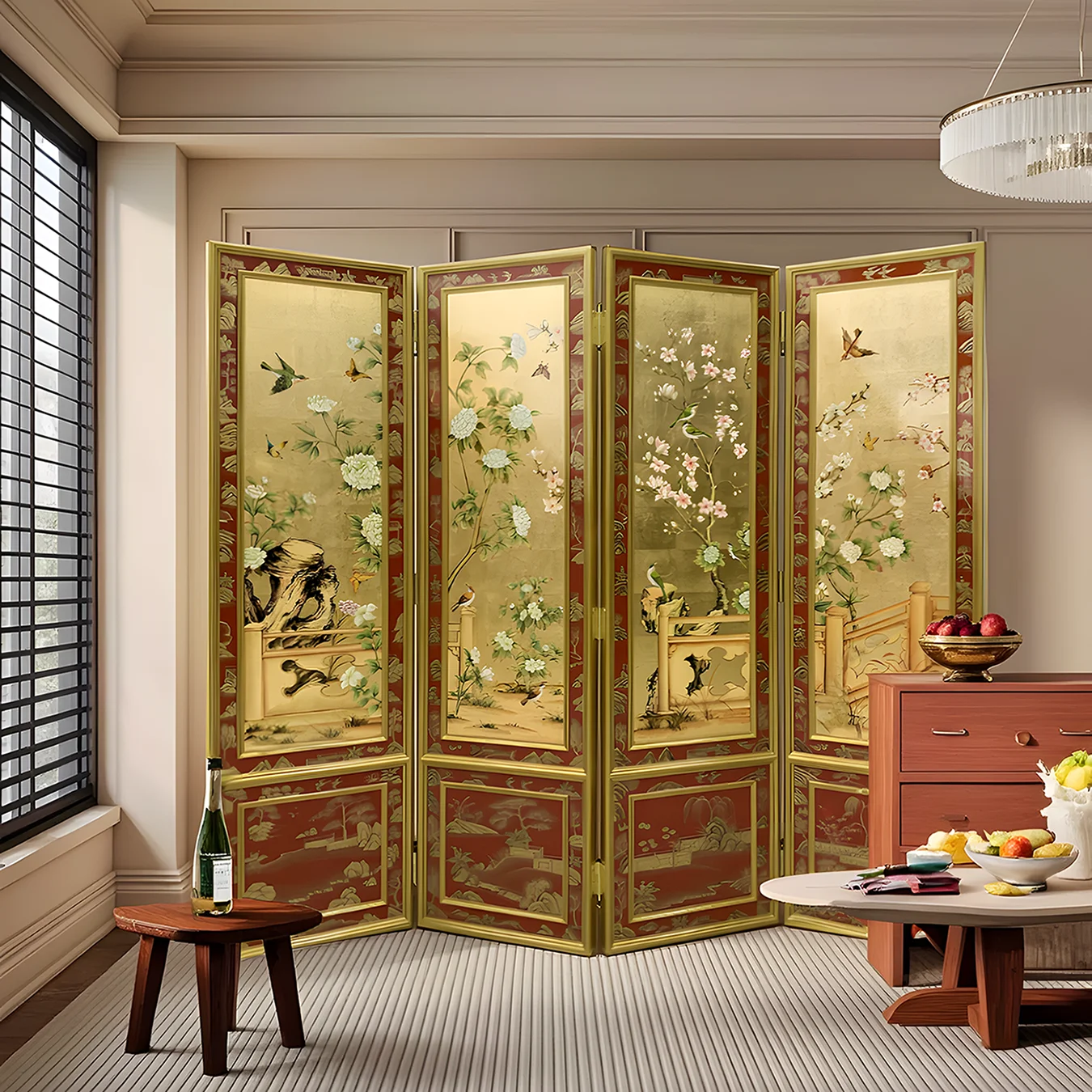 ！@New Solid Wood Chinese Style Vintage Four-Panel Entrance Screen with Gold Hand-Painted Classical Design Study Room Divider