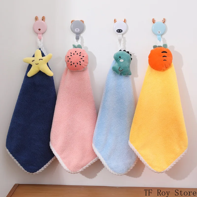 Cartoon Coral Fleece Hand Towel Baby Handkerchief Soft Water-absorbent Square Hanging Towel for Kitchen Bathroom Accessories