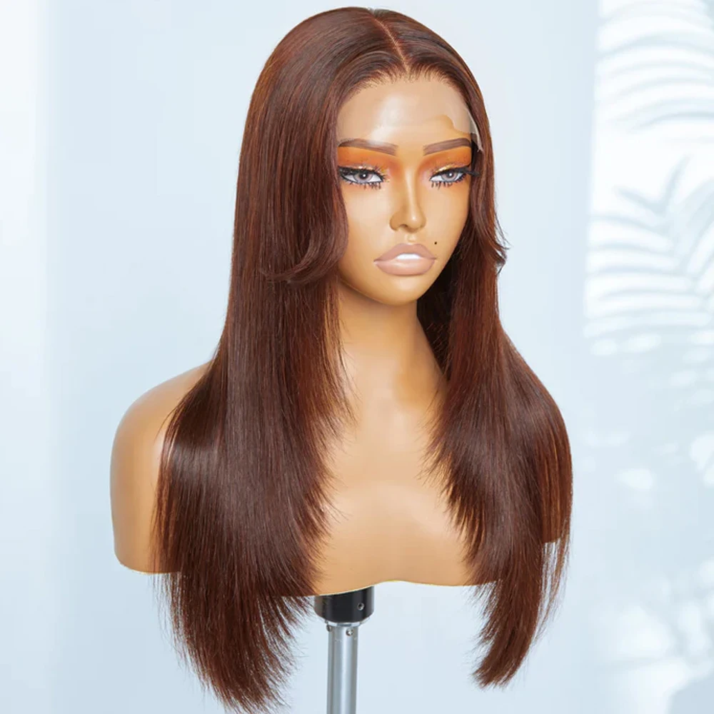 Wig Depan Renda Halus Tanpa Lem Lurus Sutra Coklat Madu 26 Inci dengan Kepadatan 180% Lembut untuk Wanita Rambut Panjang Alami Korset Rambut Bayi