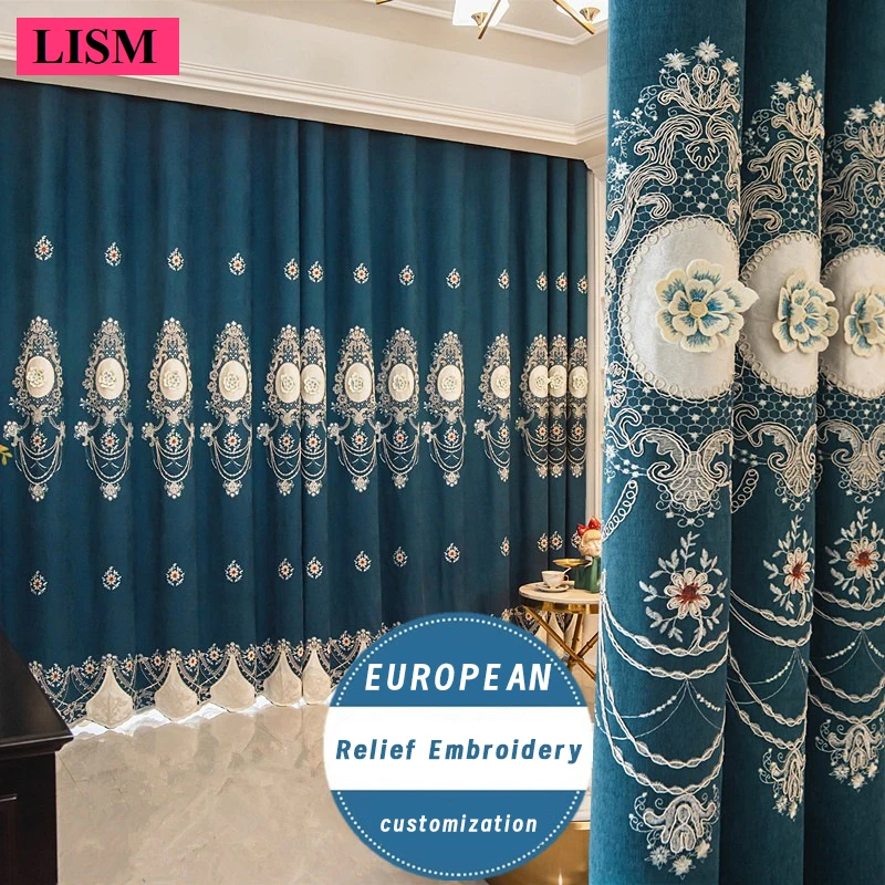 

European Luxury Curtains for Living Room and Bedroom Gauze Curtain Relief Embroidery Jacquard Villa Lace Blackout Fabric Custom