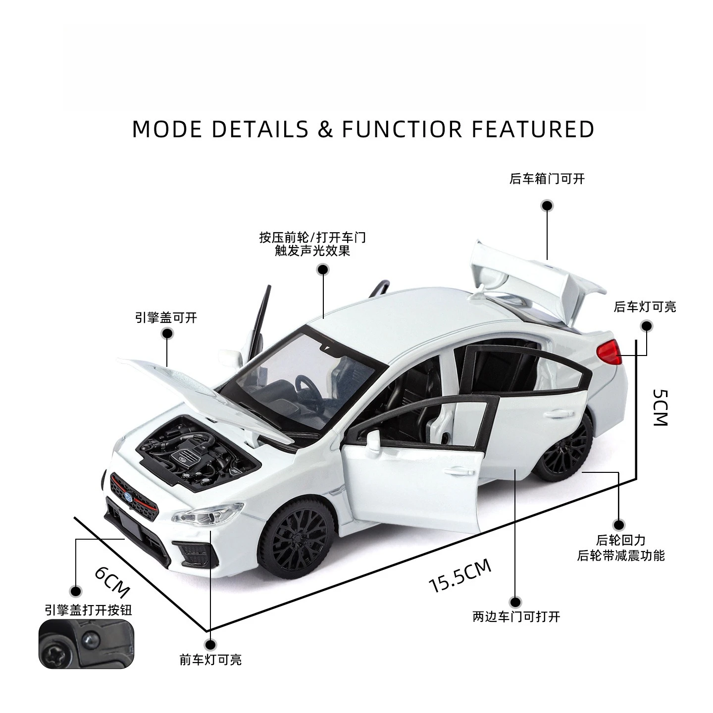 Simulatie 1:30 Subaru WRX STI Racewagen Model Pullback Geluid Licht Legering Diecast Jongen kinderen Speelgoed Voertuig Gift collectie