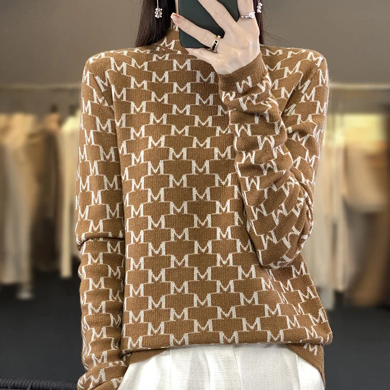 2023 New Autumn Winter Cashmere Sweater Women M Letter jacquard Knitted Sweaters Loose  Fashion Cashmere Sweater Women