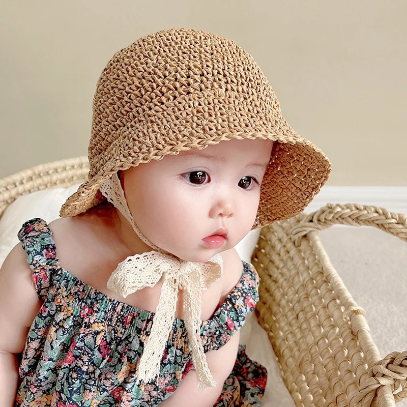 Cute Summer Kids Straw Sun Hats Wide Brim Girls Boys Beach Hat Children Funny Cap With Lace Windproof Cord Hat