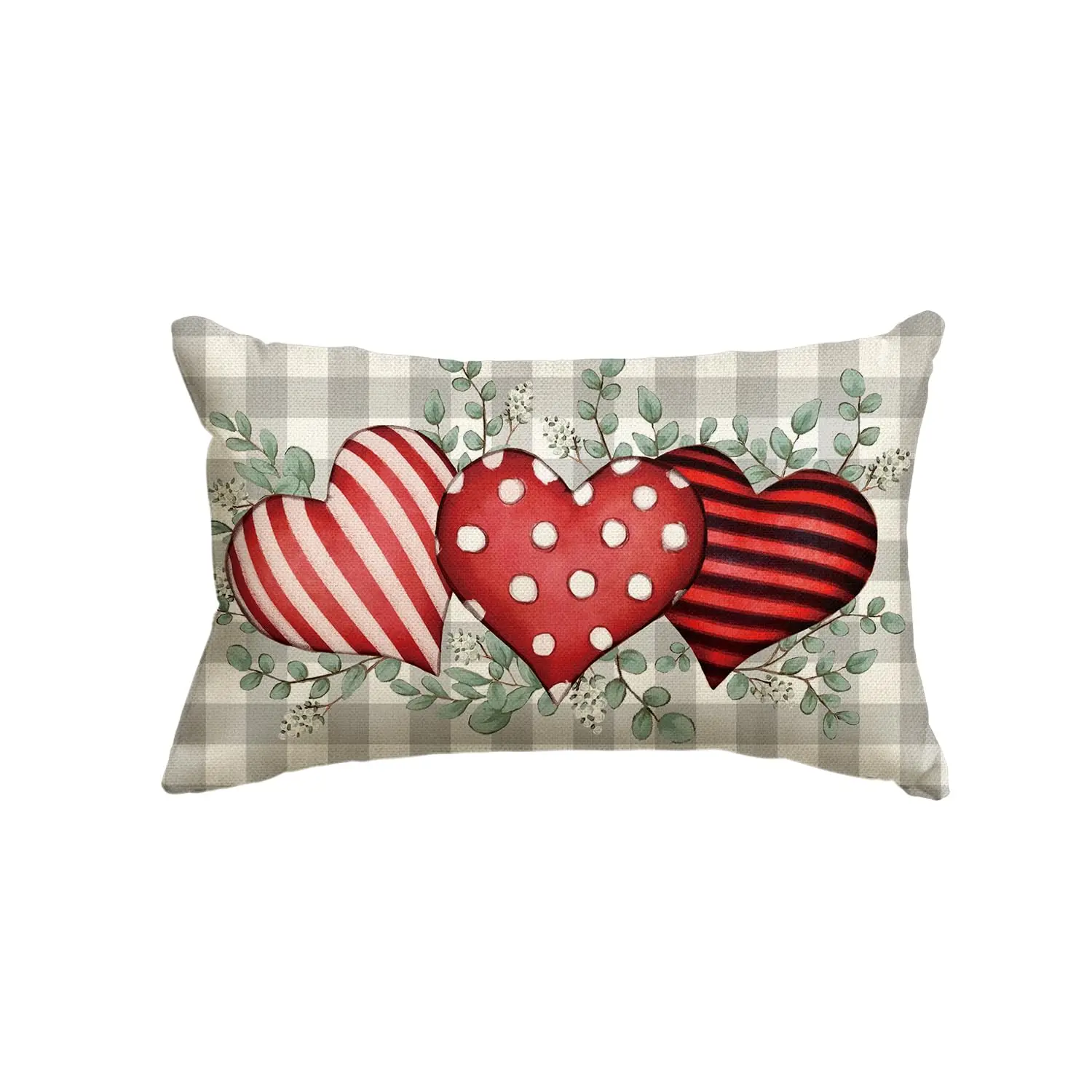 Valentine's Day Polka Dot Stripes Love Hearts Throw Pillow Cover,12 x 20 Inch Buffalo Plaid Eucalyptus Leaves Cushion Case Decor