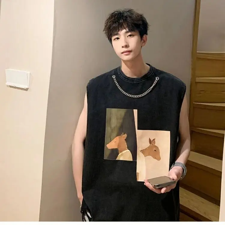 Black Undershirt Men's Summer Loose Design Large Size Sleeveless T-shirt Tide Netflix Sports Fitness Sweatshirt Deer Sports