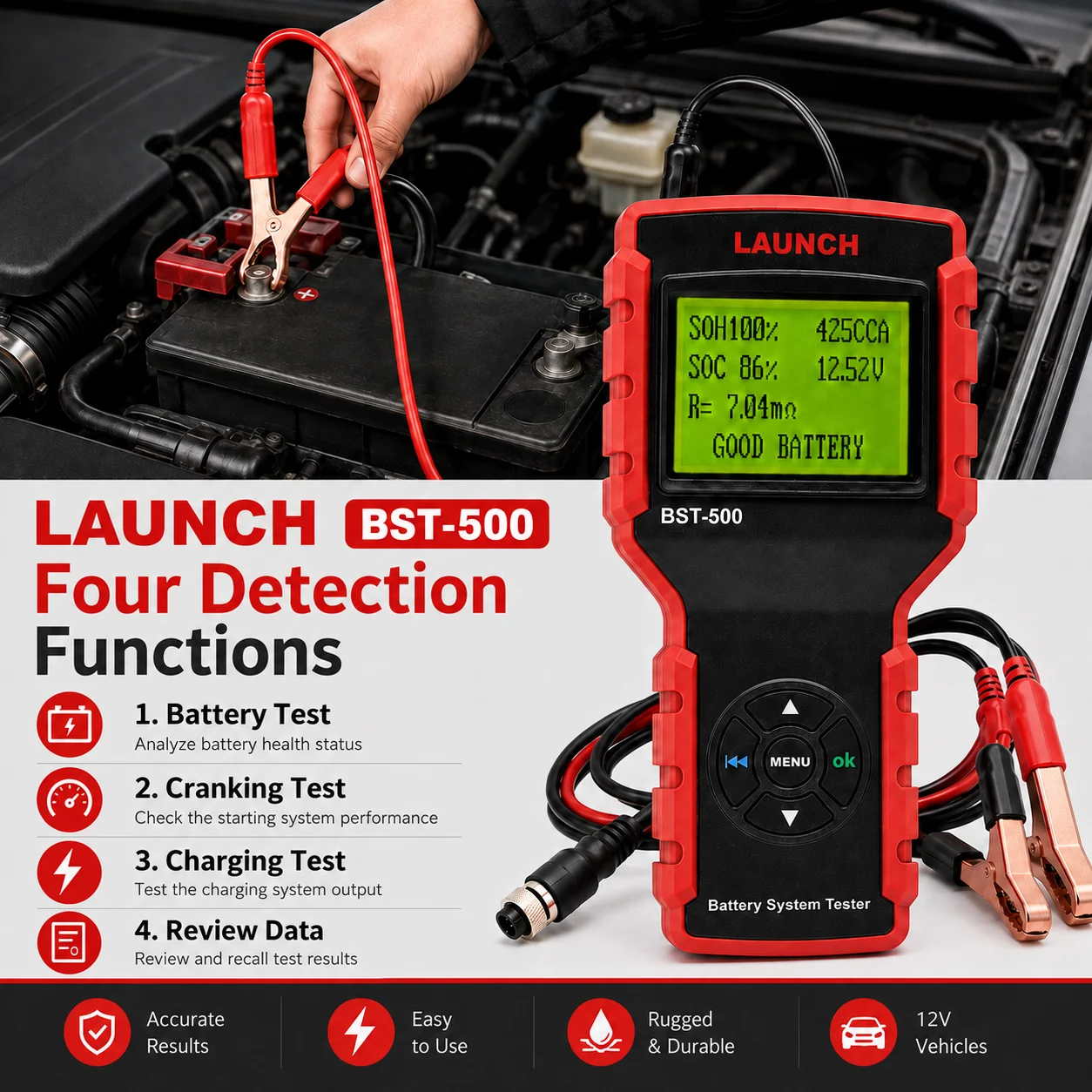Launch BST500 Car Battery Tester 6V/12V/24V Cranking & Charging System Test 100-2000 CCA 6V 12V 24V Battery Detector
