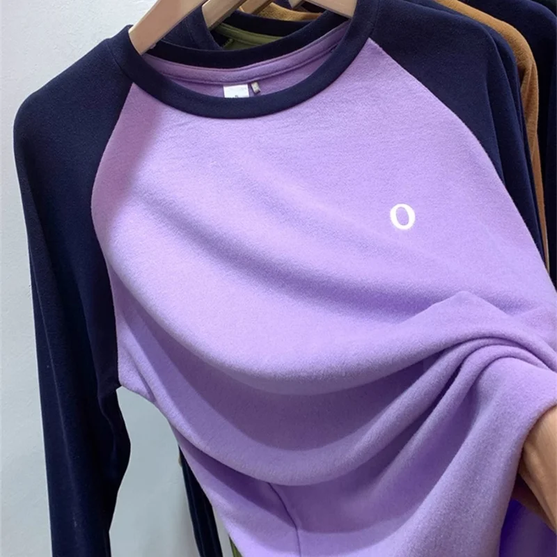 Women\'s Clothing Long Sleeve Round Neck Contrast Color Letter Embroidered Fashionable Casual Loose T-shirt Spring Autumn Tops