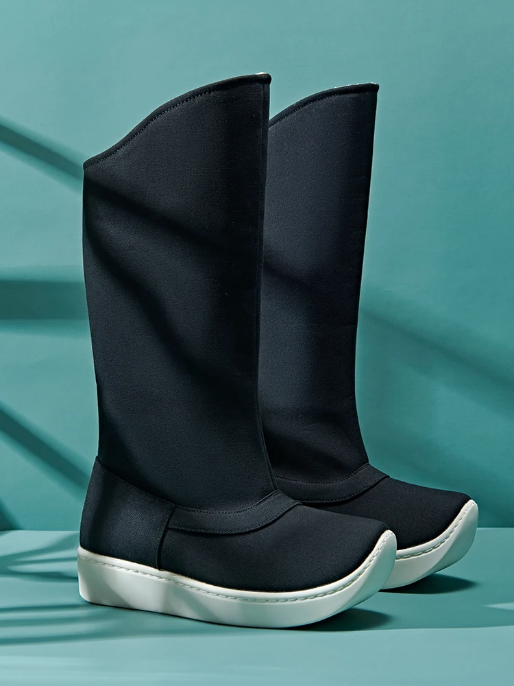 Fulujiacos Botas Hanfu de lona com sola grossa, botas de fantasia antigas com aumento de altura masculina, sapatos de pernas longas