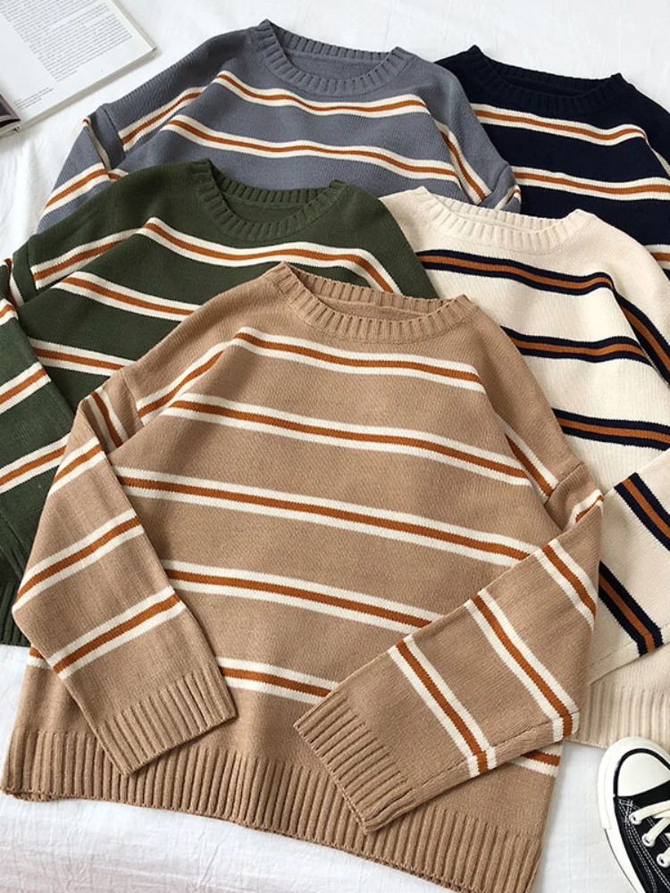 Vintage Stripe Sweaters Women Loose Oversize Korean Style Pullover Top Autumn Winter Long Sleeve  Knitted Sweater Femme 2020