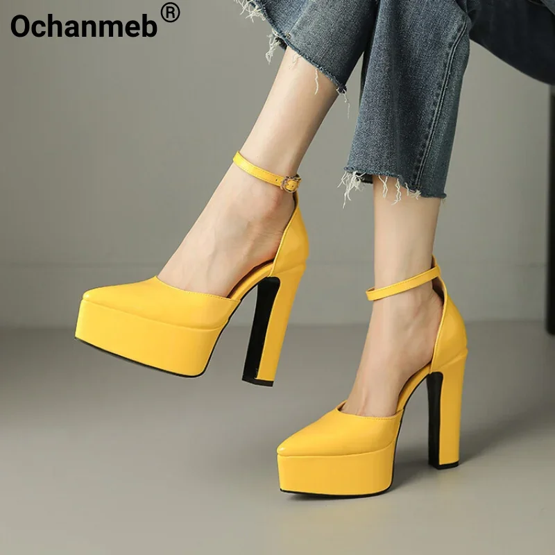 Ochanmeb Women Patent Leather Shoes Chunky Platforms Super High Heels Red Pumps For Woman Ankle Buckle Pointed Toe Sandals 33-43