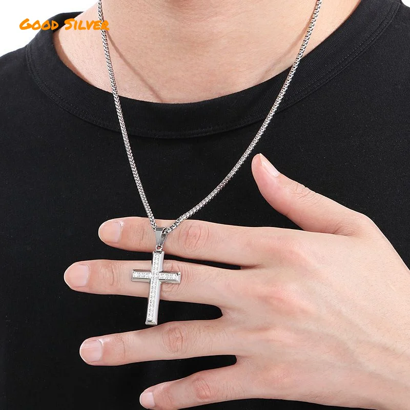 

Men's stainless steel cross pendant necklace, titanium steel gold-plated retro punk style, jewelry gift for boyfriend.