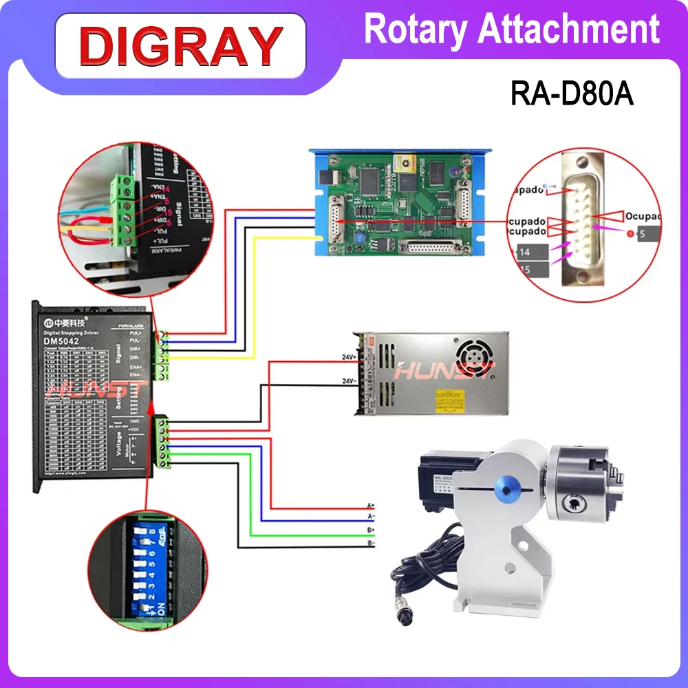 DIGRAY Rotary Attachment RA-D80A Rotary Device with Three Chuck +DM5042 Driver for UV CO2 & Fiber Laser Marking Machine