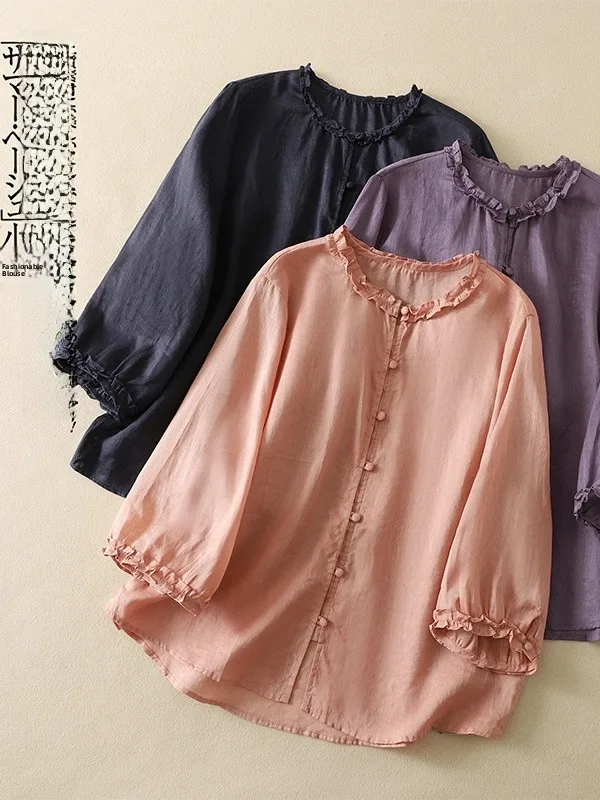 

Korean Japanese Large Size Women's Shirt Summer Floral Design Vintage Button up Top Loose Fit Regular Sleeve Length