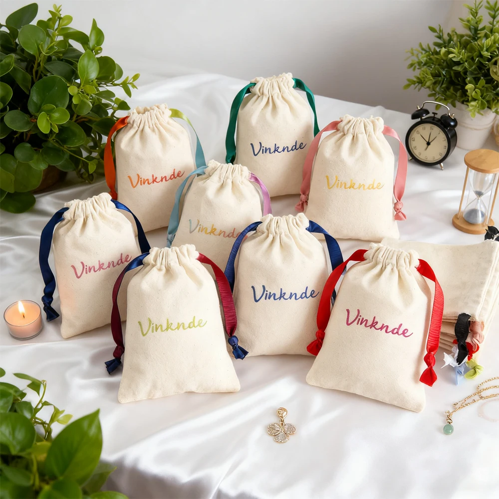 

100 шт., бежевая ювелирная сумка с логотипом на шнурке, хлопковая парусиновая сумка для свадьбы на день Святого Валентина, подарок для конфет, карман для вкусностей