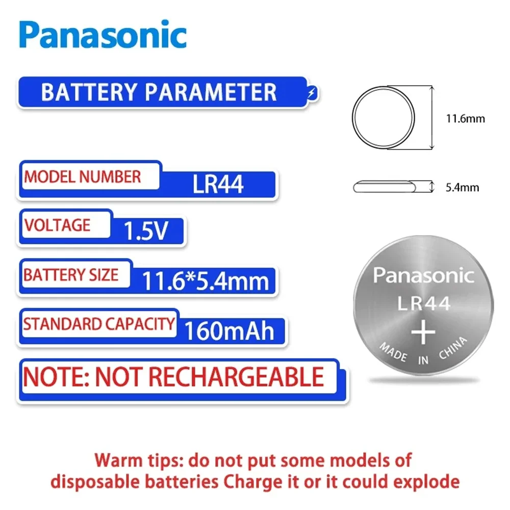 10-100PCS Panasonic Alkaline Battery LR44 A76 AG13 LR1154 SR44 GP76 1.5V For Watch Clock Calculator Electric Toy Button Cell