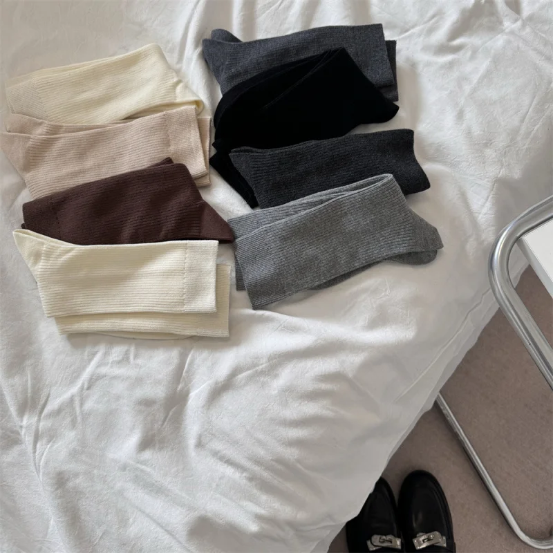 

Autumn Winter New Korean Style Solid Color Double Needle Vertical Stripe Micro Pressure Slimming Slouch Socks Milk White Women's