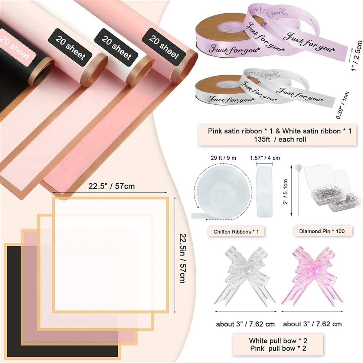 80 Sheets Flower Wrapping Paper, with Ribbons, for Mother's Day