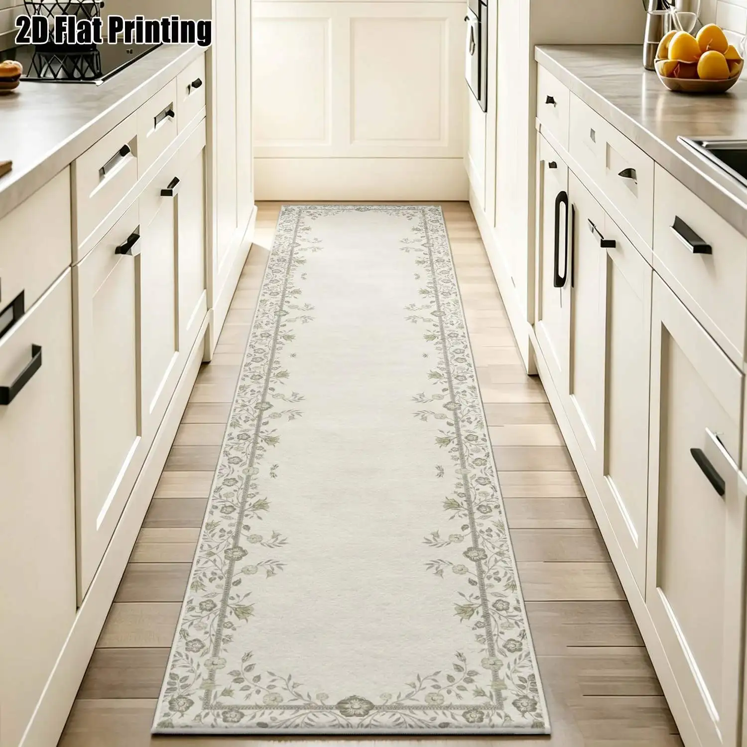 1Pc 2D Printed Long Strip Runner Carpet: Beige Floral Border, Nordic/Instagram/Modern Minimalist/European Style, Machine Washable, Multi-Size, Ideal for Entryway, Hallway, Living Room, Bedroom Home Decor