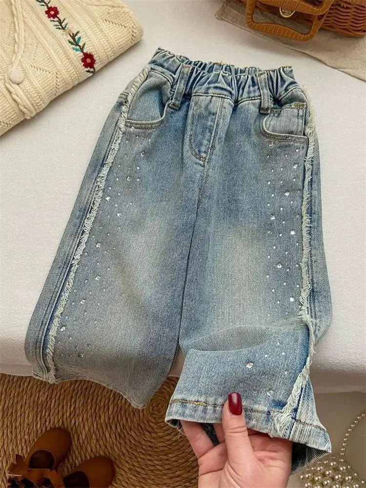 

Trendy Glitter Denim Pants Loose Straight Leg Baby Girls Spring 2026 New Sle Children's Wide Leg Trousers Polyester Fiber