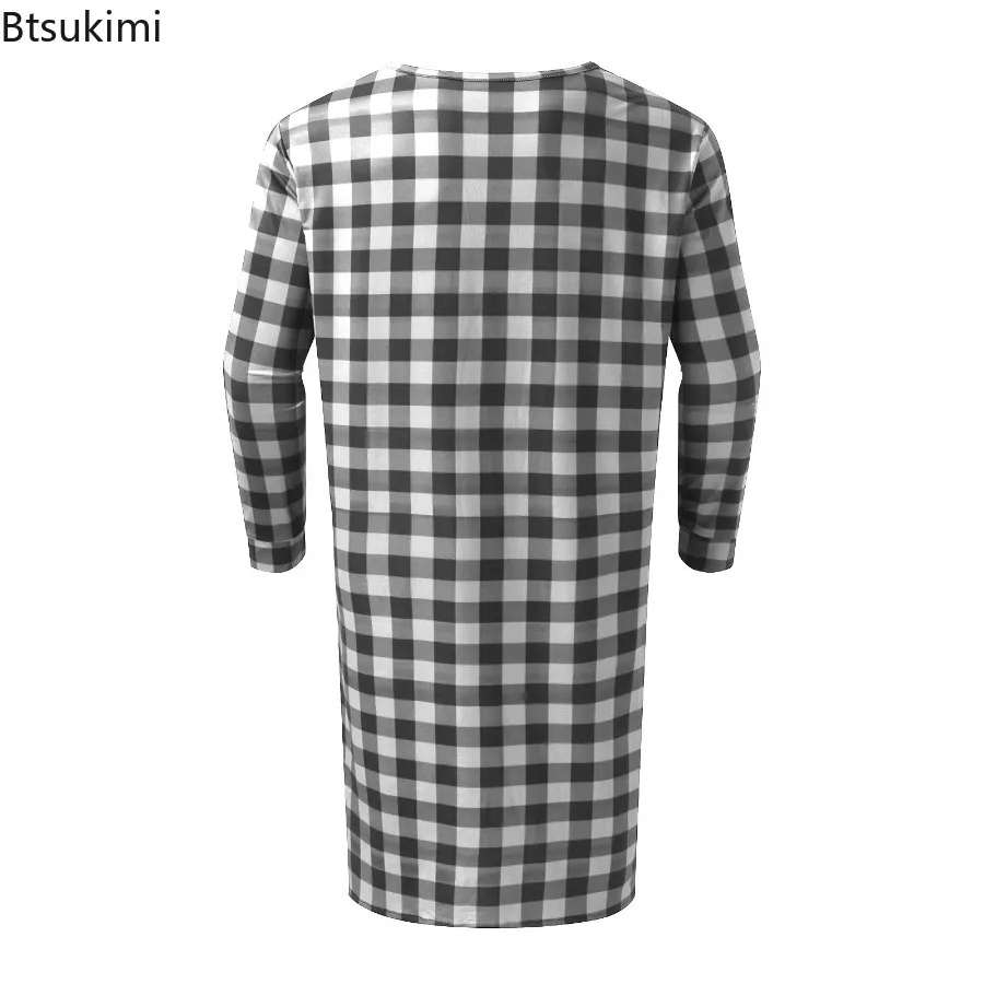 Spring New Men's Pajamas Robe Fashion Plaid Loose Casual Bath Robes Long Sleeve V-neck Home Loungewear Male Nightgown with Hat