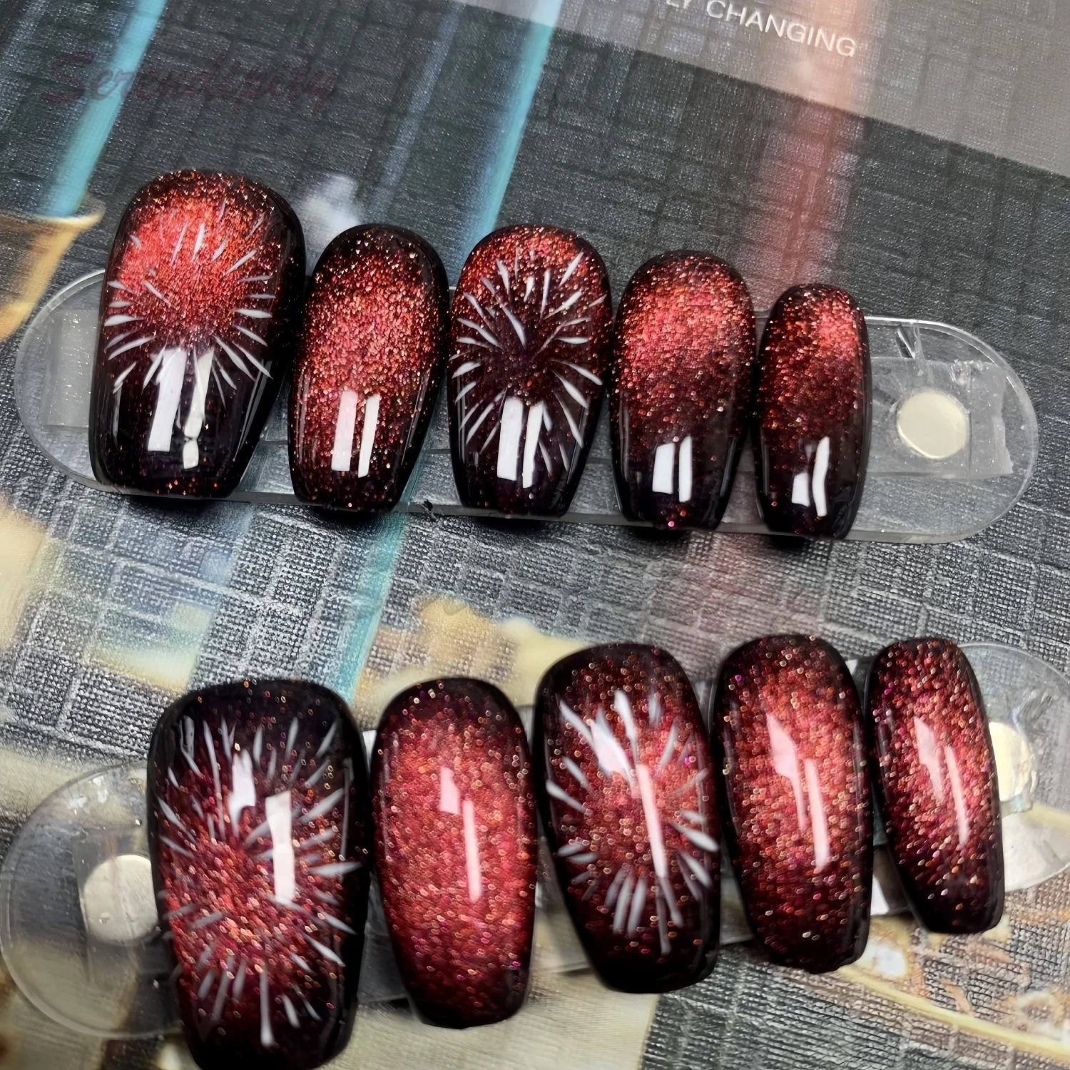 10PCS Red Press On Nails Cute Fake Nails With Cat Eye Fireworks Design Short Oval Shape False Nails with Adhesive Nails File Set