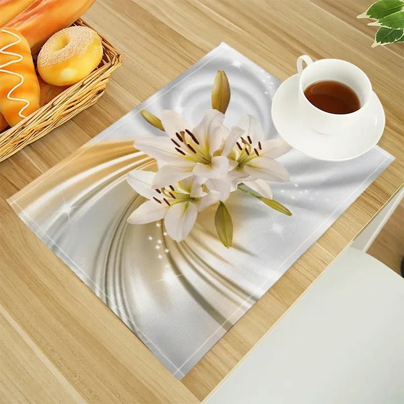 Lily Flower Floral Placemat Linen Fabric Table Mats Family Dinner Tableware Kitchen Table Mat 32X45cm