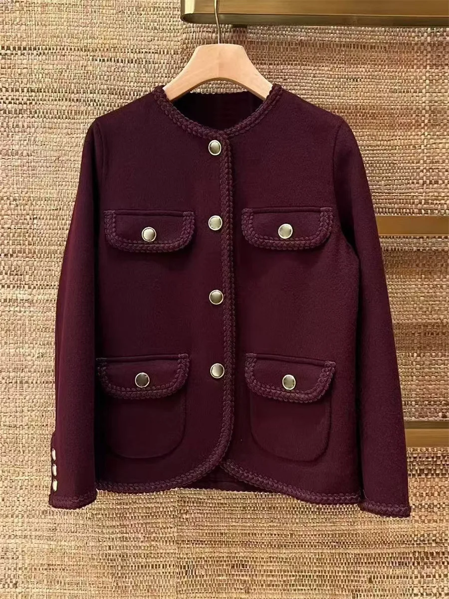 

Двустороннее шерстяное вязаное женское пальто ручной работы, французское длинное све, обычная длина, застежка на одной пуговице, без шапки