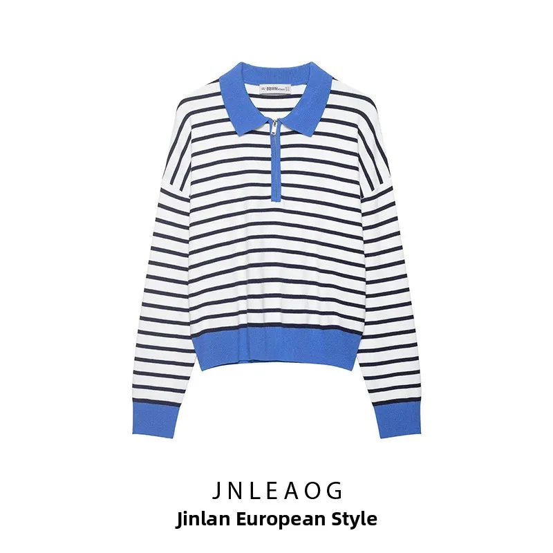 

Spring New Arrival Women's Knitted Stripe Shirt Fashion Design Casual Business Loose Fit Long Sleeve Classic Pattern